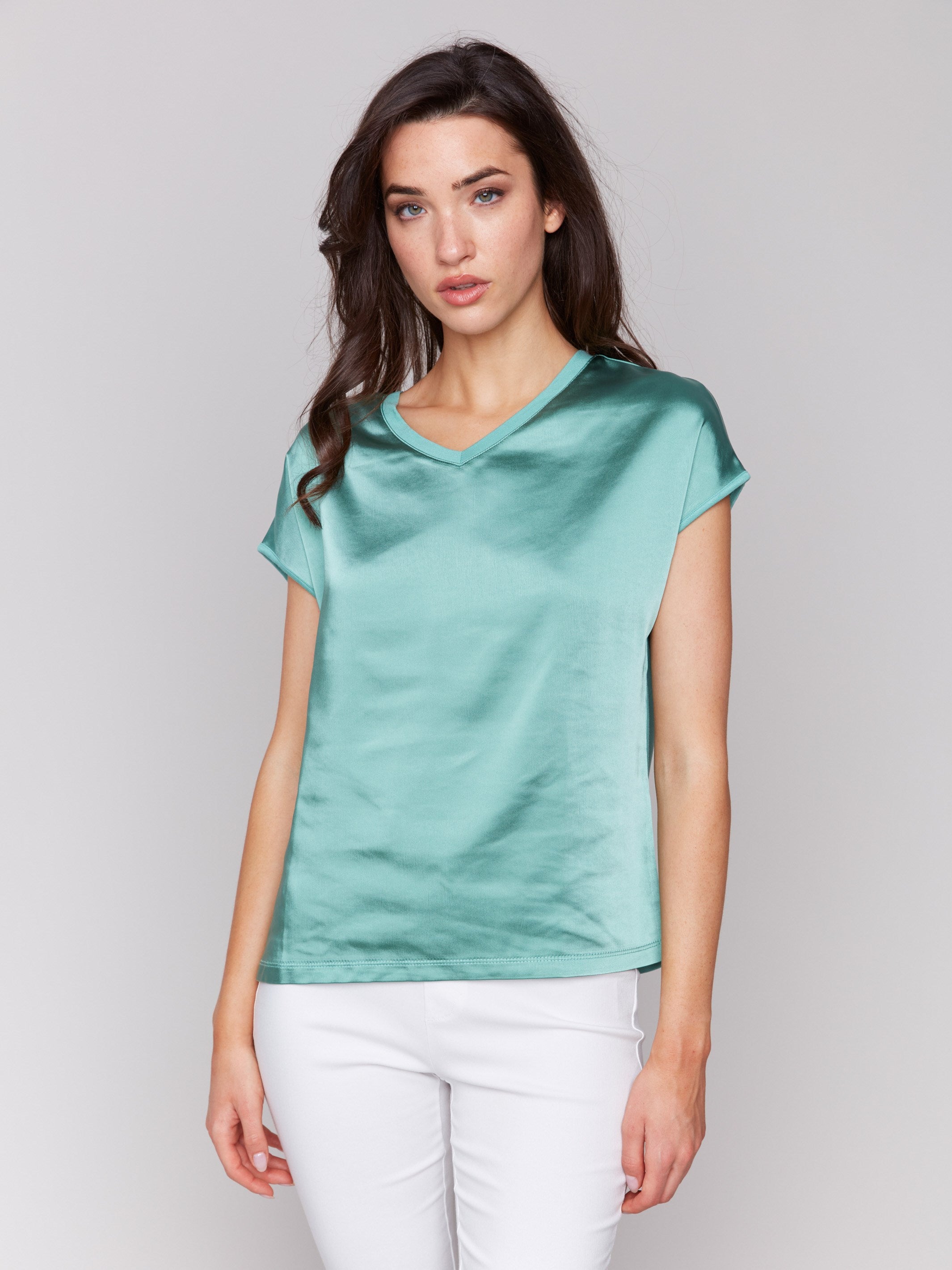 Lilypad satin V-neck top with dolman sleeves by Charlie B.