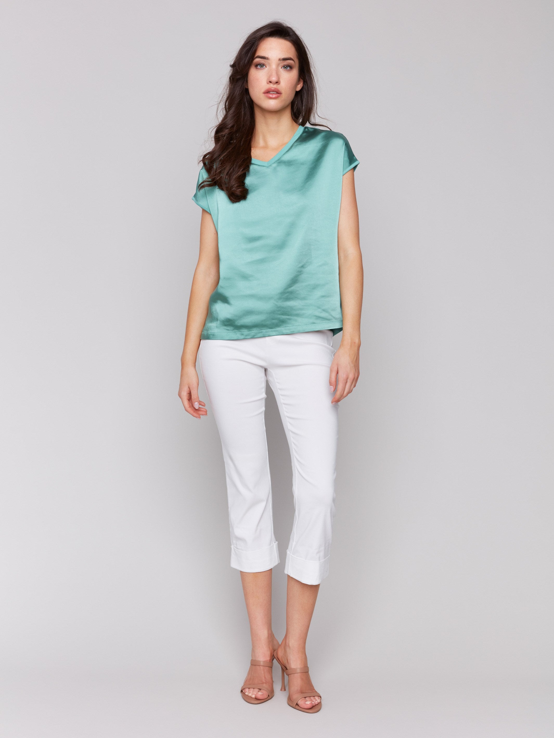 Lilypad satin V-neck top with dolman sleeves by Charlie B.