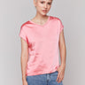 Pink satin V-neck top with dolman sleeves by Charlie B.