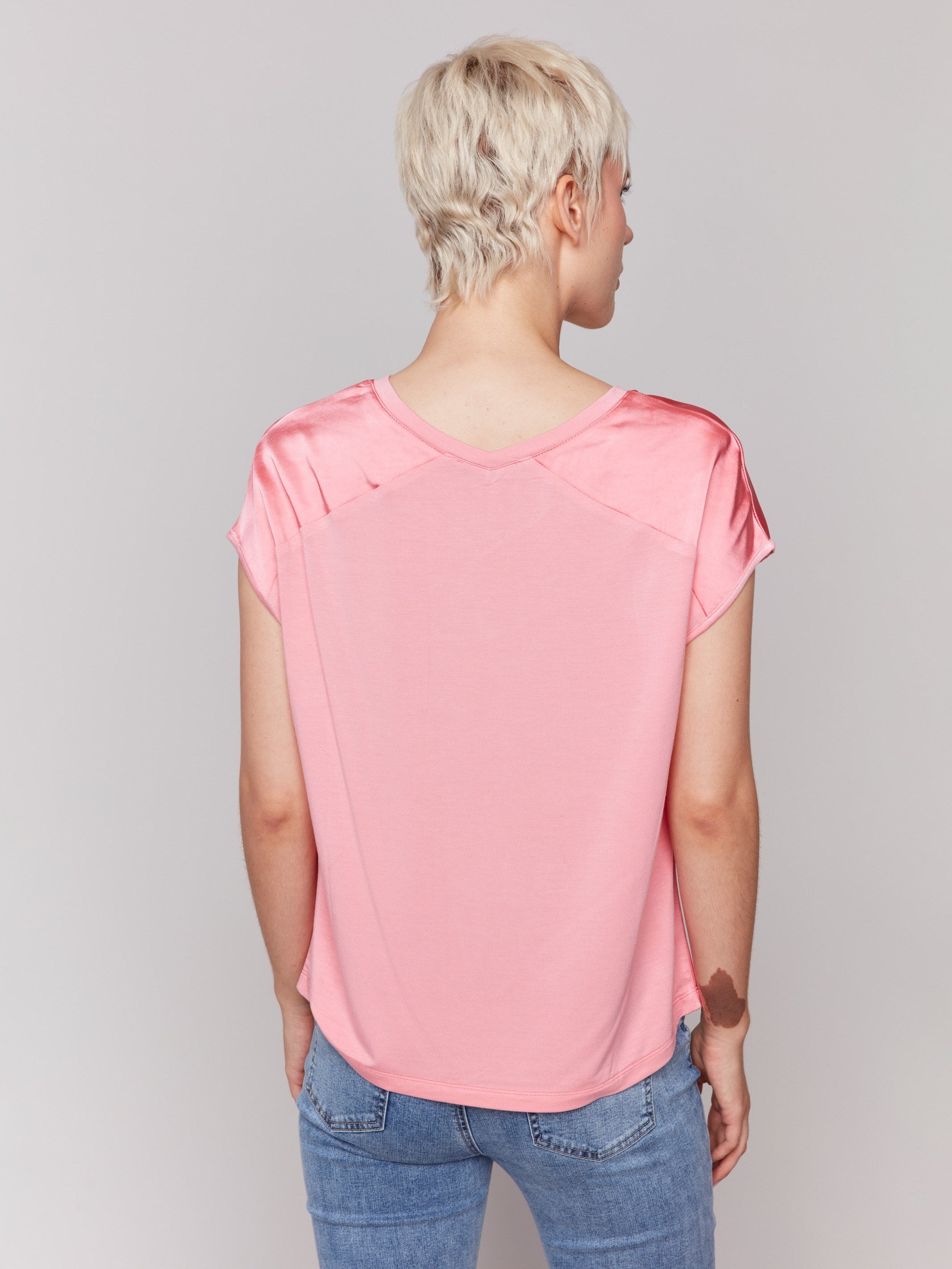 Pink satin V-neck top with dolman sleeves by Charlie B.