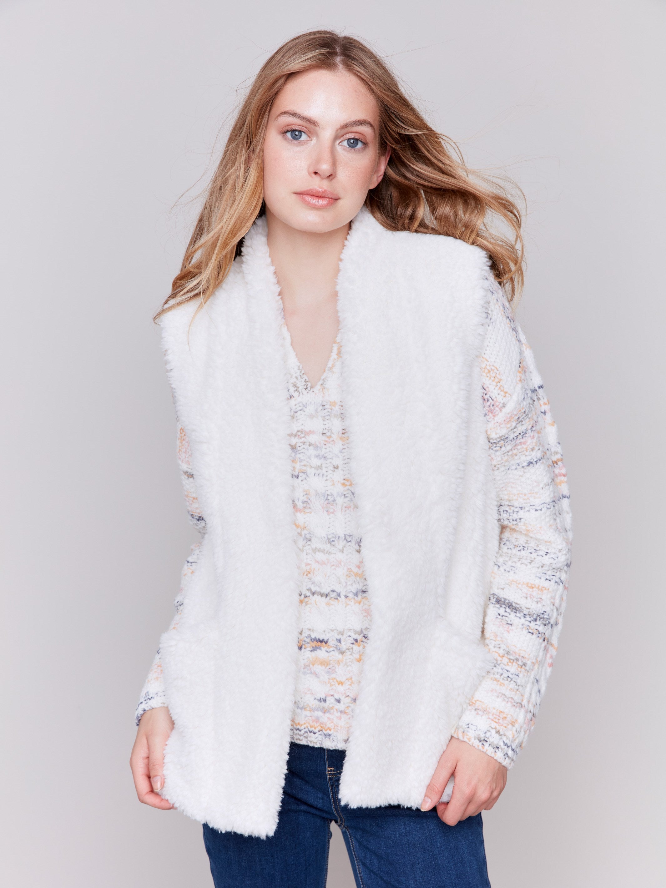 Short ecru white faux fur vest with open front by Charlie B.