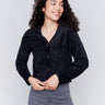 Soft black fuzzy knit cardigan with a V-neckline and large buttons by Charlie B.