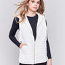 Ecru white short quilted puffer vest with a hood, featuring a mini heart pattern and front pockets by Charlie B.