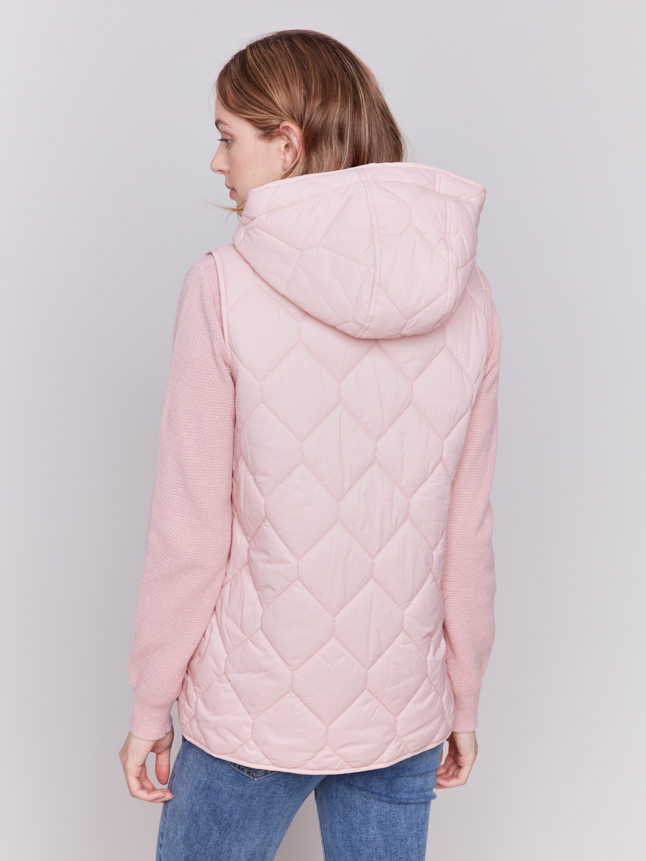 Quartz pink short quilted puffer vest with hood, featuring a zippered front and side pockets by Charlie B.