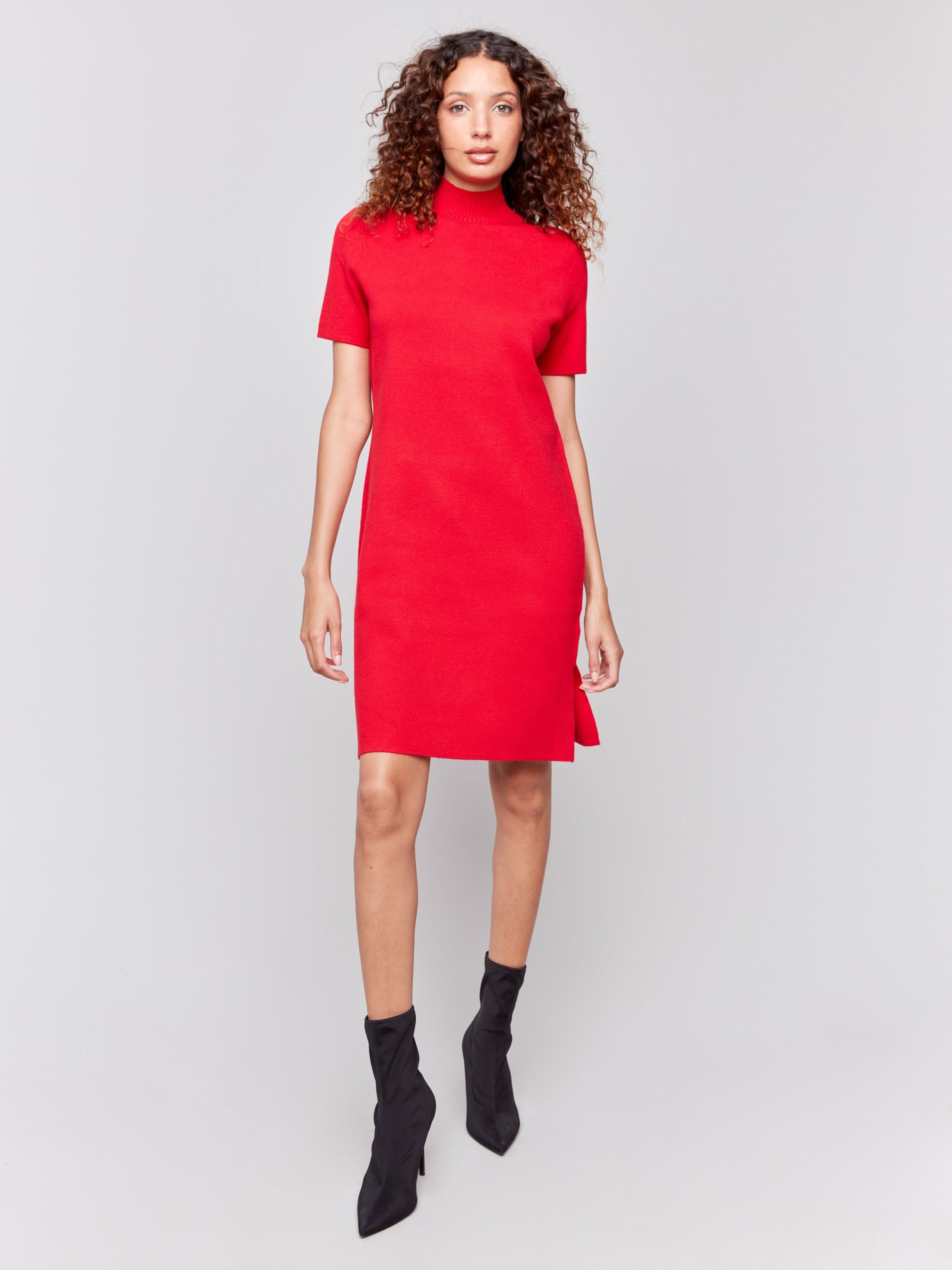 Cranberry red short-sleeve mock neck sweater dress with side slits by Charlie B.