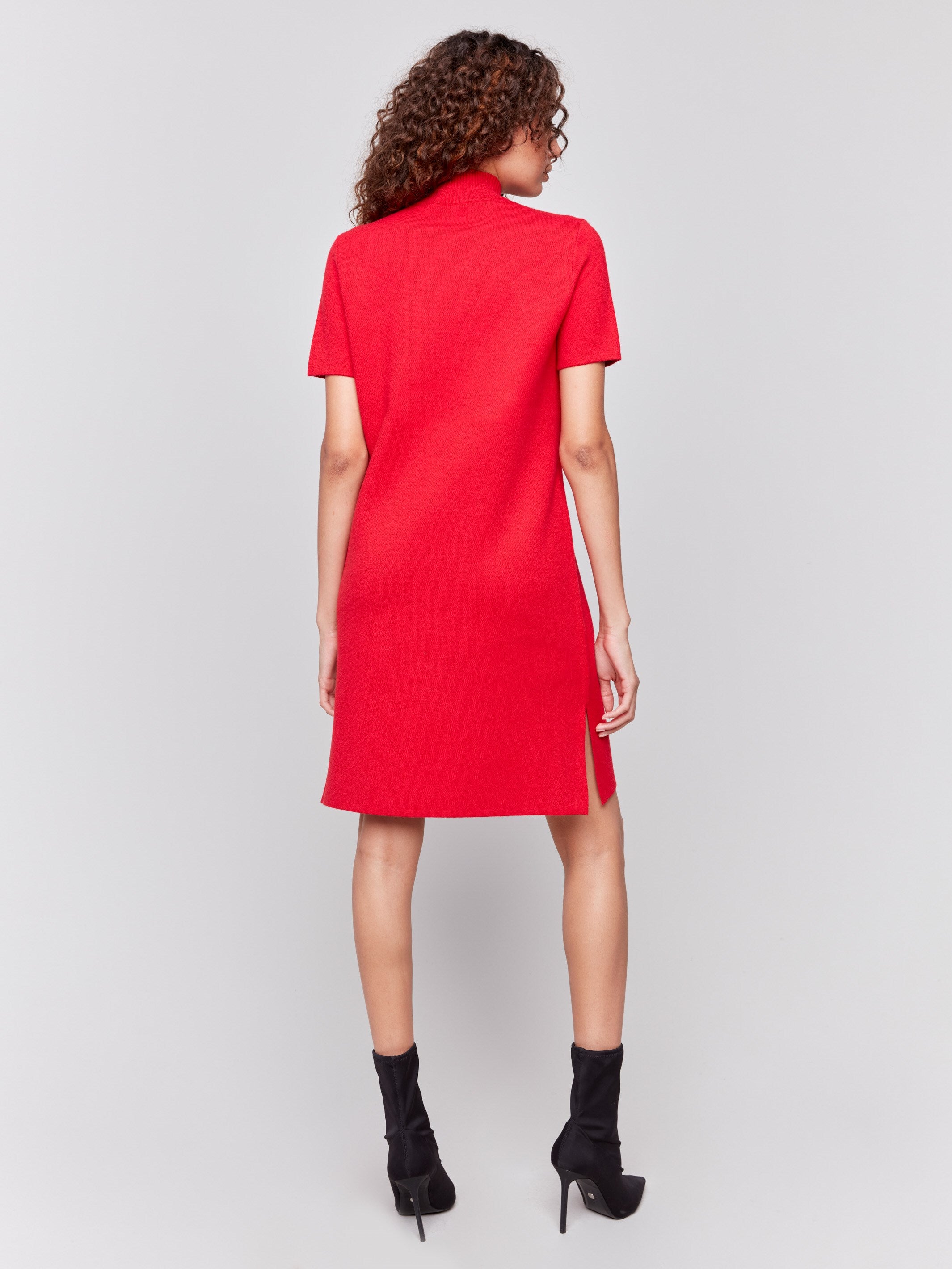 Cranberry red short-sleeve mock neck sweater dress with side slits by Charlie B.