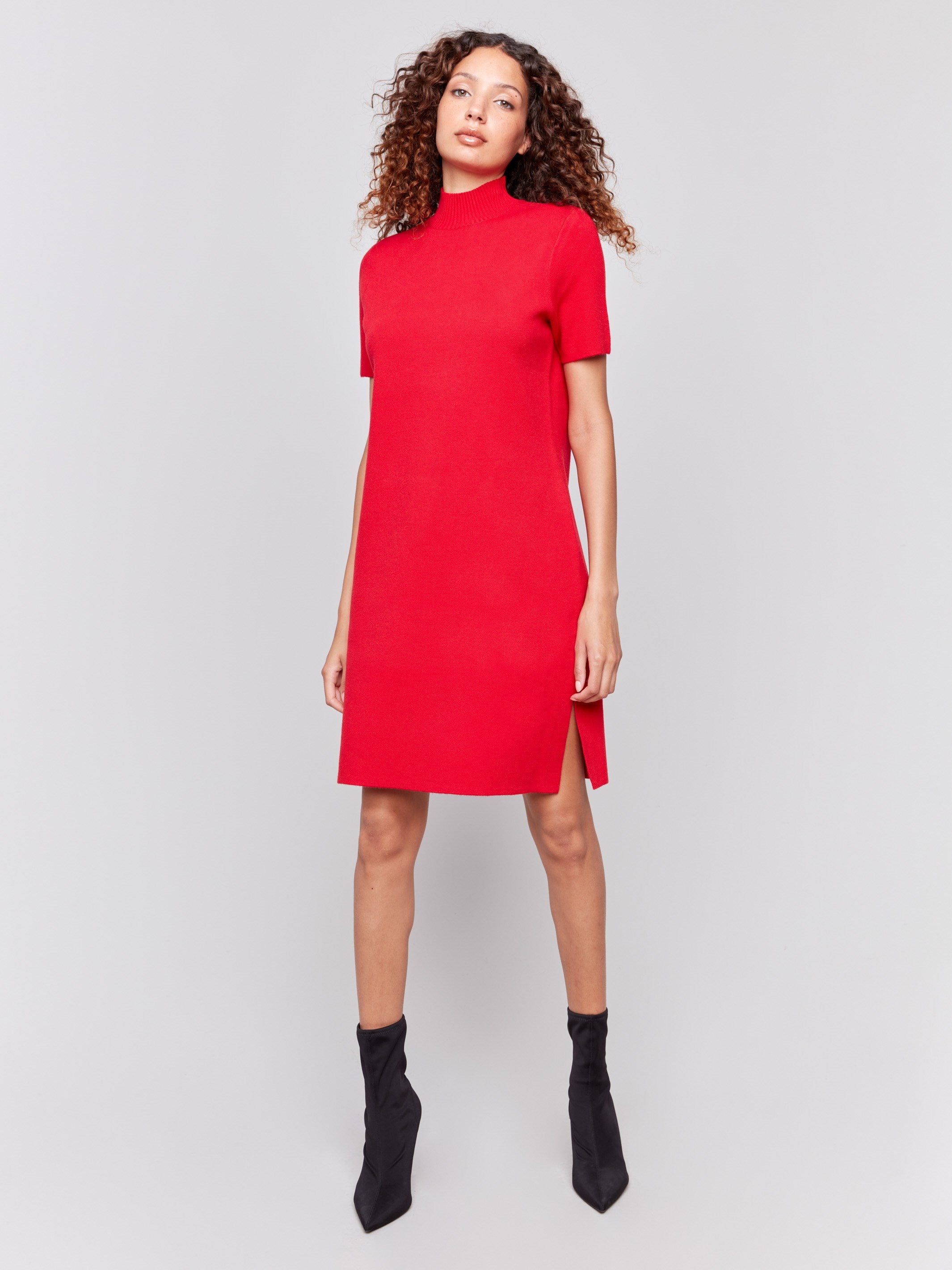 Cranberry red short-sleeve mock neck sweater dress with side slits by Charlie B.