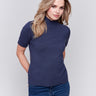 Heather denim short sleeve mock neck sweater with ribbed cuffs and hem by Charlie B.