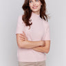 Heather quartz short sleeve mock neck sweater with ribbed cuffs and hem by Charlie B.