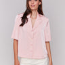 Guava satin shirt featuring a button-up design by Charlie B.