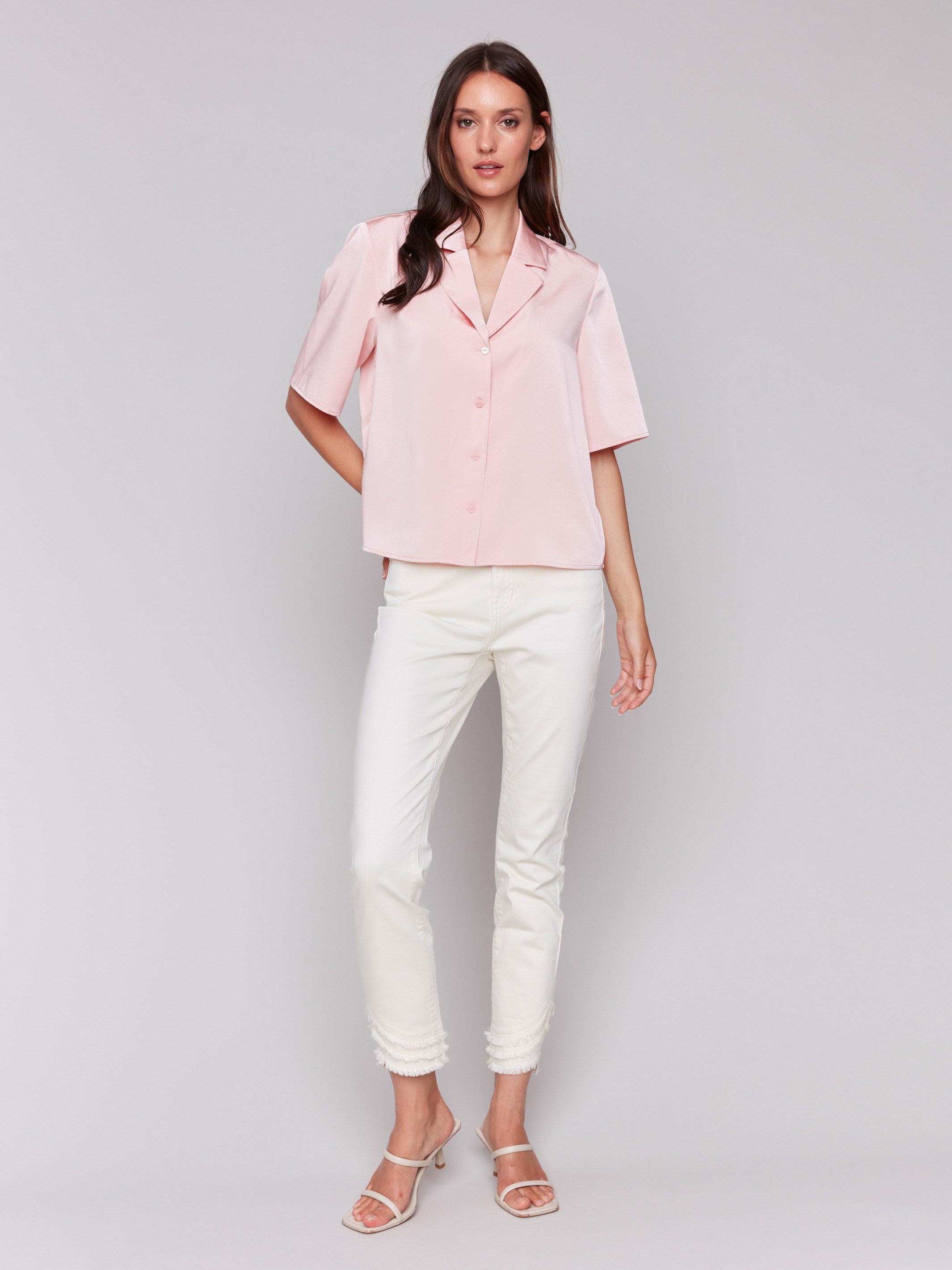 Satin shirt in guava with short sleeves by Charlie B.