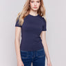 Navy short-sleeved super stretch top with a crew neckline, showcasing a slim fit design by Charlie B.