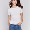 Natural white short-sleeved super stretch top with a crew neckline, showcasing a slim fit design by Charlie B.