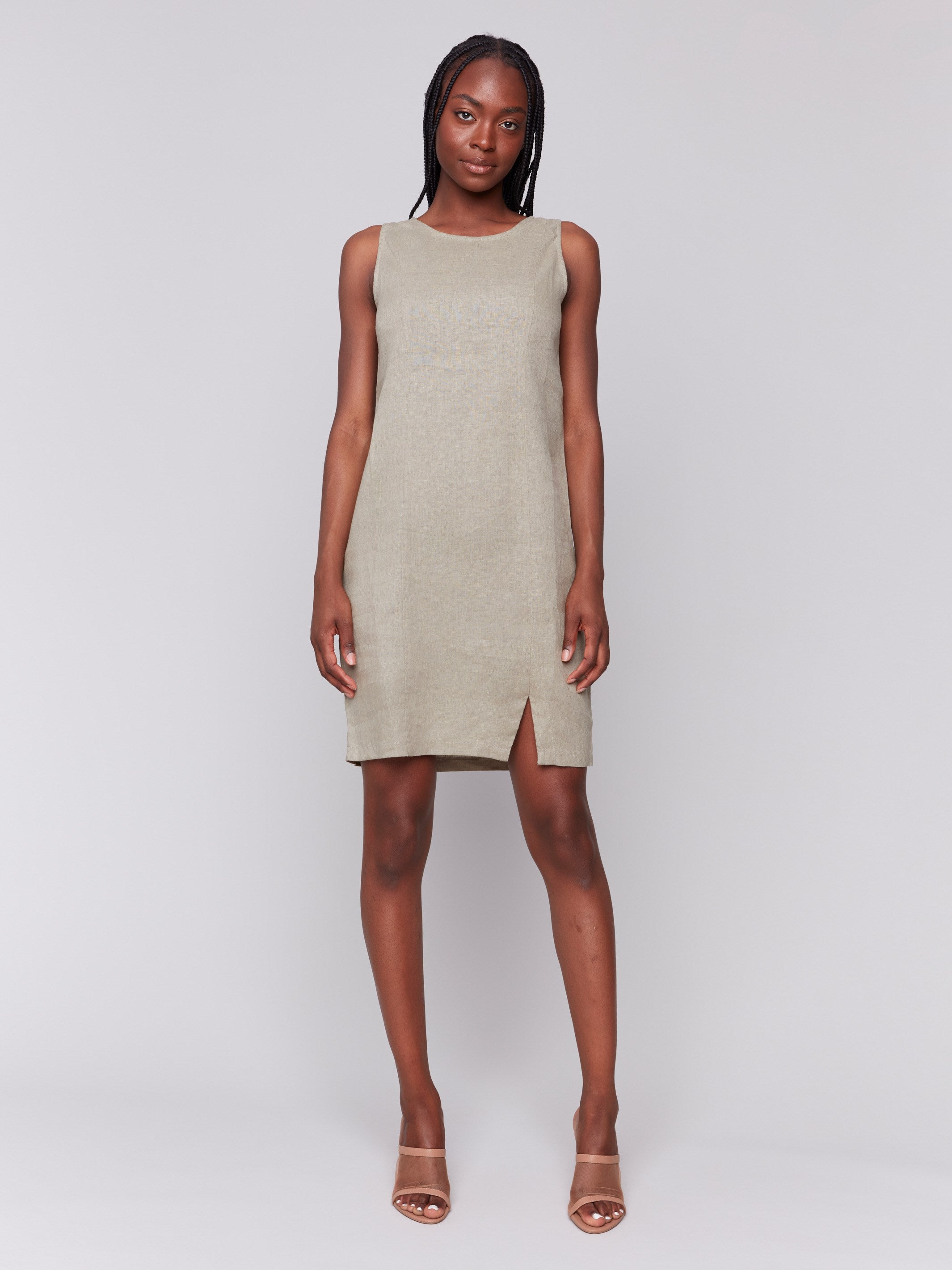 Round neck design in a celadon linen blend dress by Charlie B.