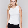 White sleeveless super stretch top with a crew neckline by Charlie B.