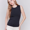 Black sleeveless super stretch top with a crew neckline by Charlie B.