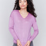 Mulberry purple V-neck sweater with long sleeves, showcasing a relaxed fit and snow wash texture by Charlie B.