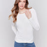 Ecru white long-sleeve jersey top featuring a crew neckline and a unique front knot detail by Charlie B.