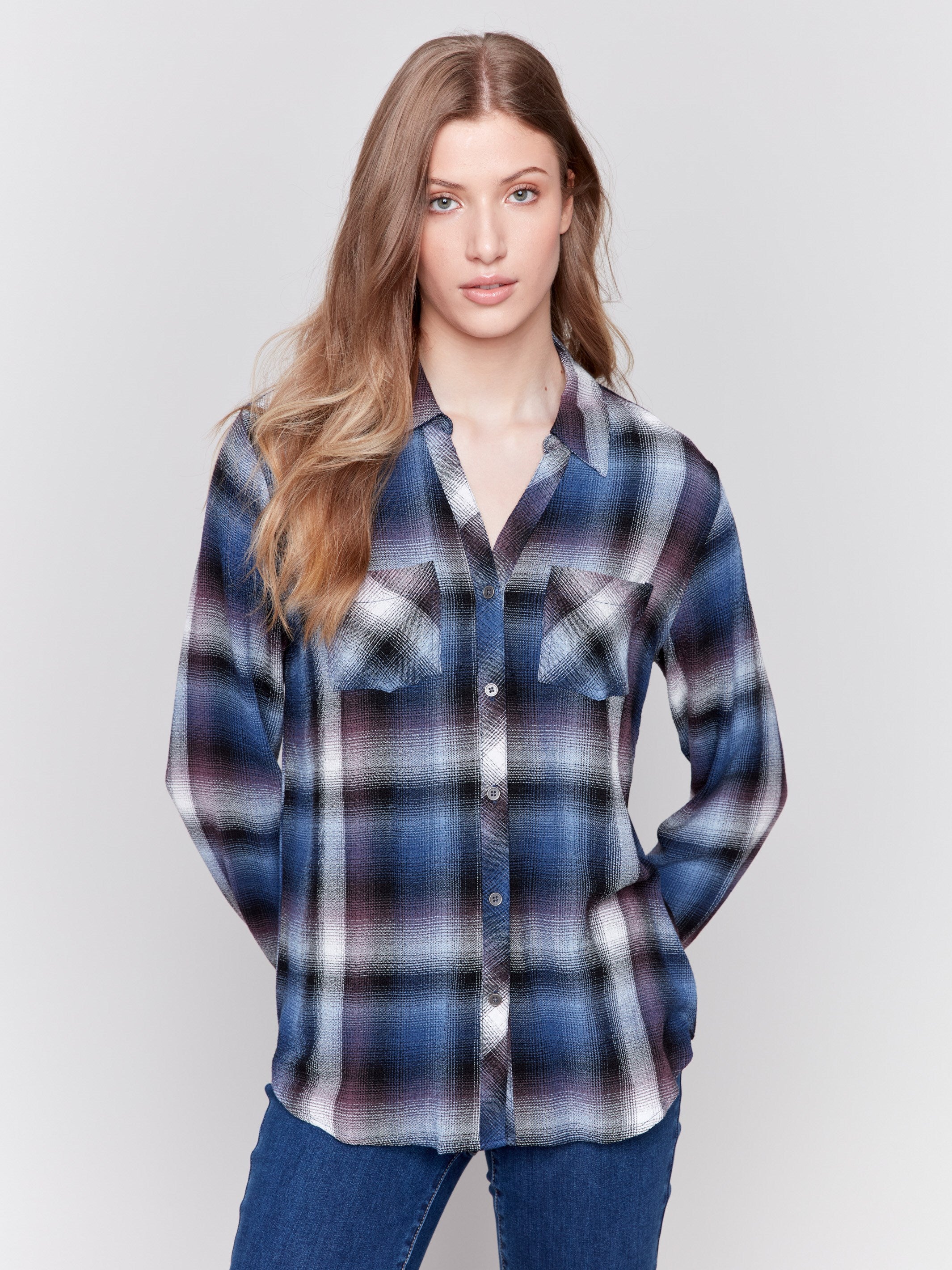 Soft plaid button-down shirt in frost color with front chest pockets and long sleeves by Charlie B.