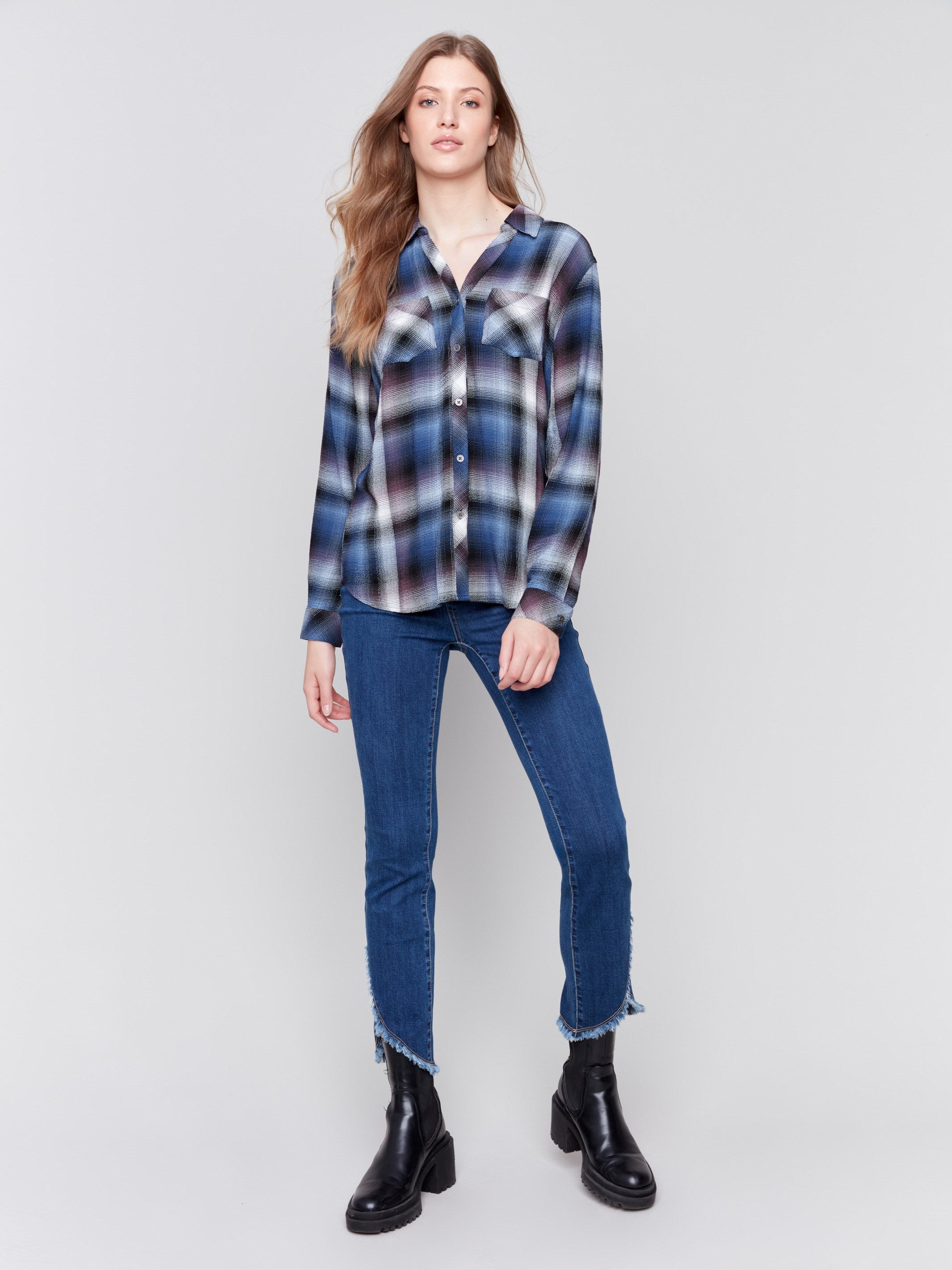 Soft plaid button-down shirt in frost color with front chest pockets and long sleeves by Charlie B.