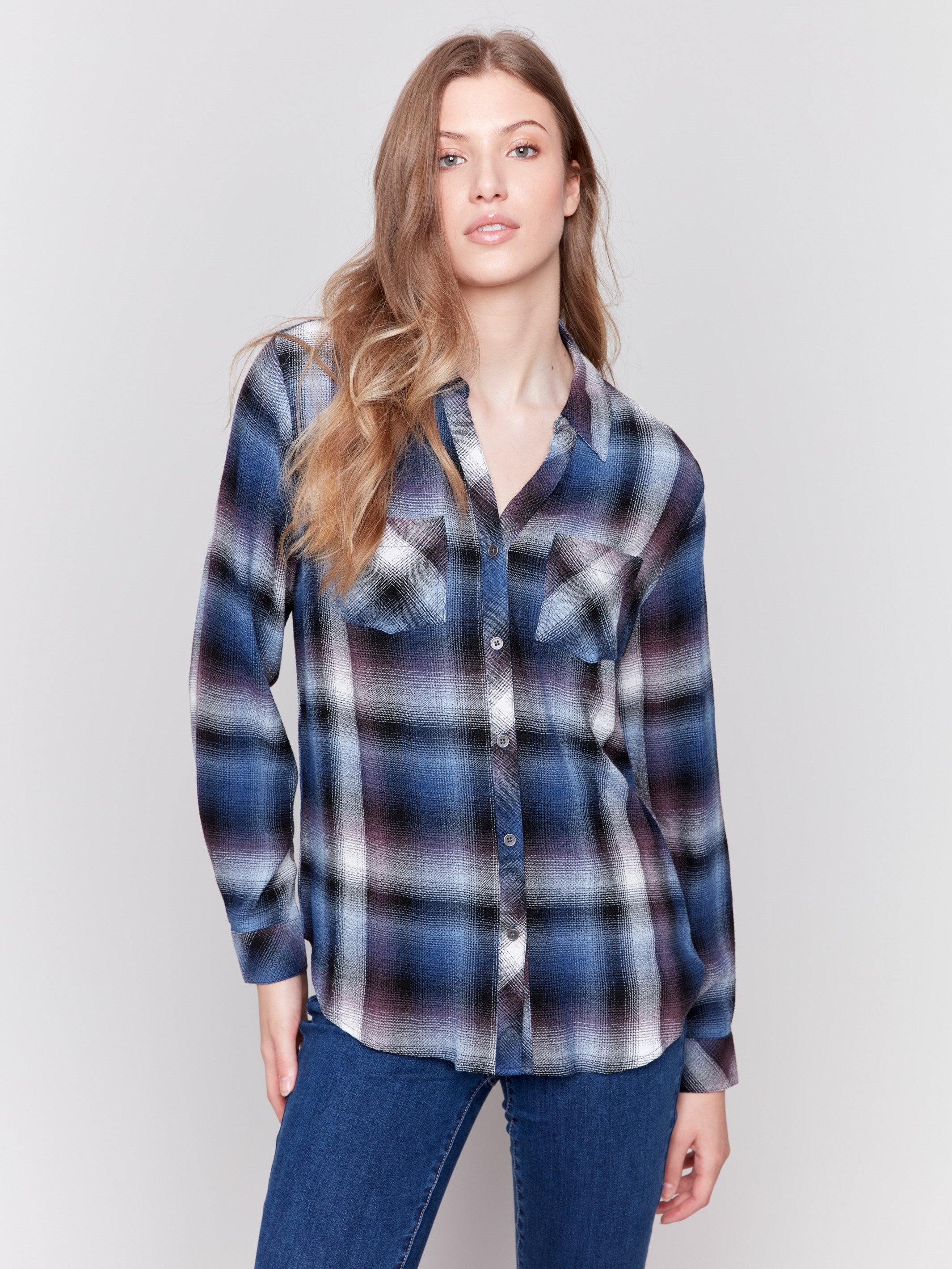 Soft plaid button-down shirt in frost color with front chest pockets and long sleeves by Charlie B.