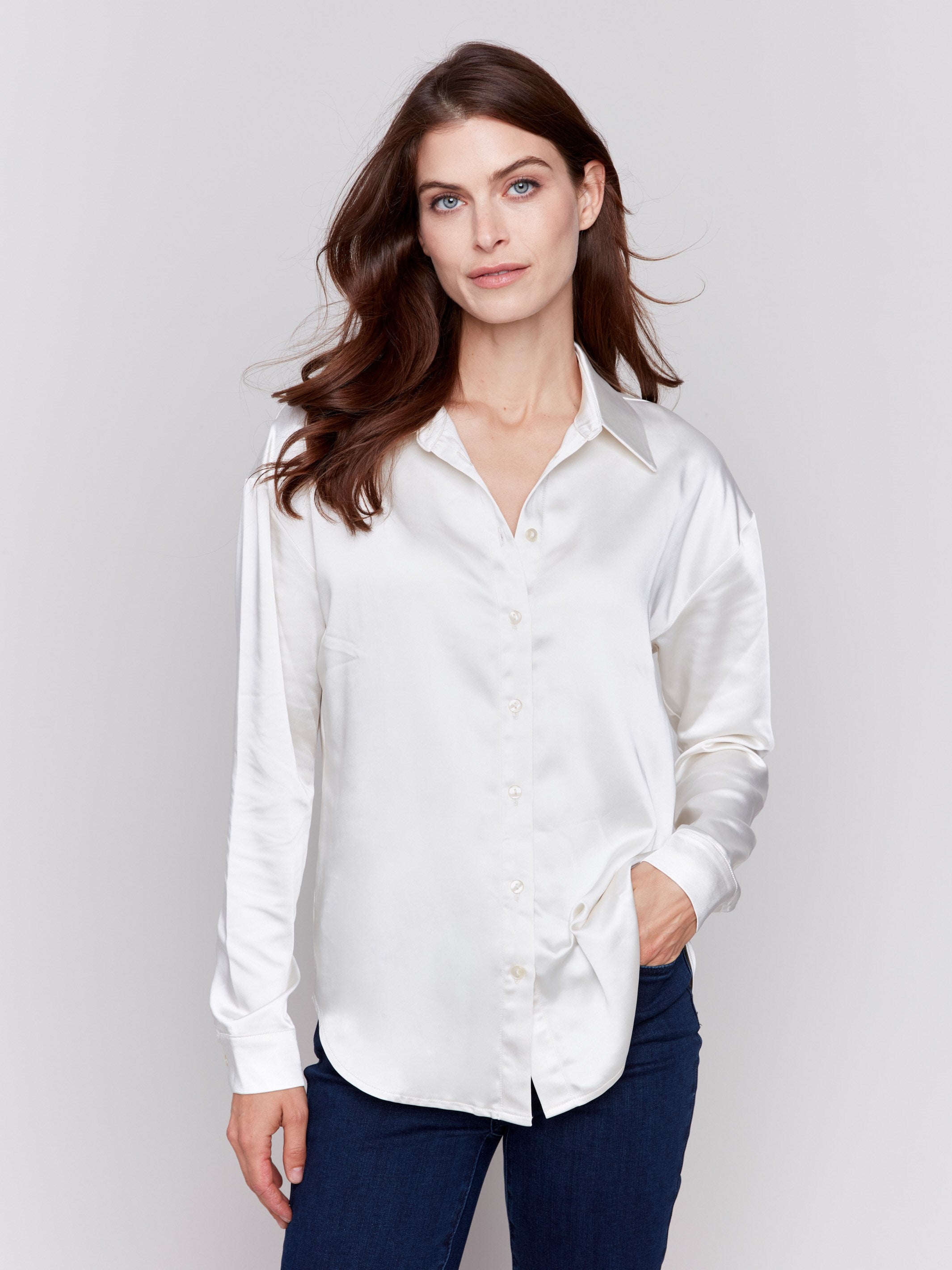 Ecru white solid satin button-down shirt with long sleeves, shirt collar, and a smooth finish by Charlie B.