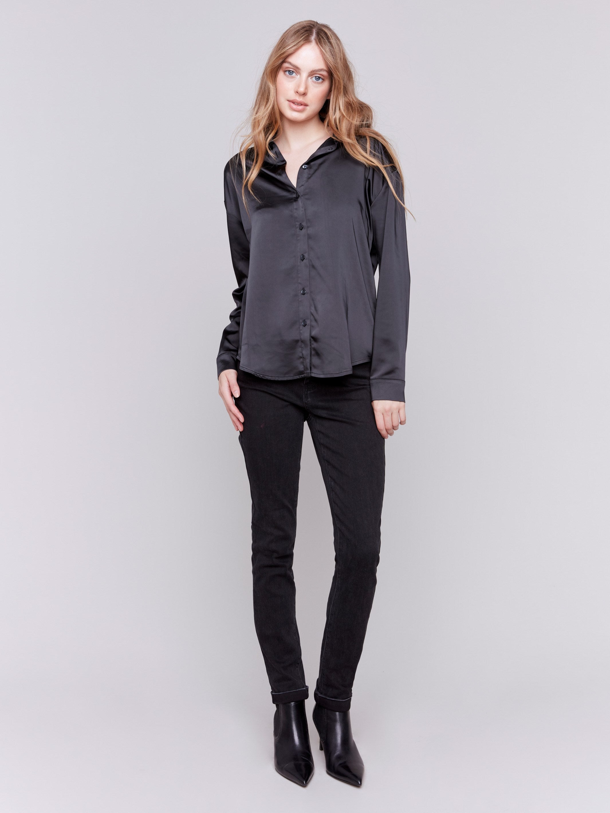 Black solid satin button-down shirt with long sleeves, shirt collar, and a smooth finish by Charlie B.