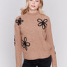 Truffle brown mock-neck sweater with black floral embroidery and ribbed texture by Charlie B.