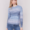 Blue space dye knit sweater with drop shoulders and a crew neckline by Charlie B.