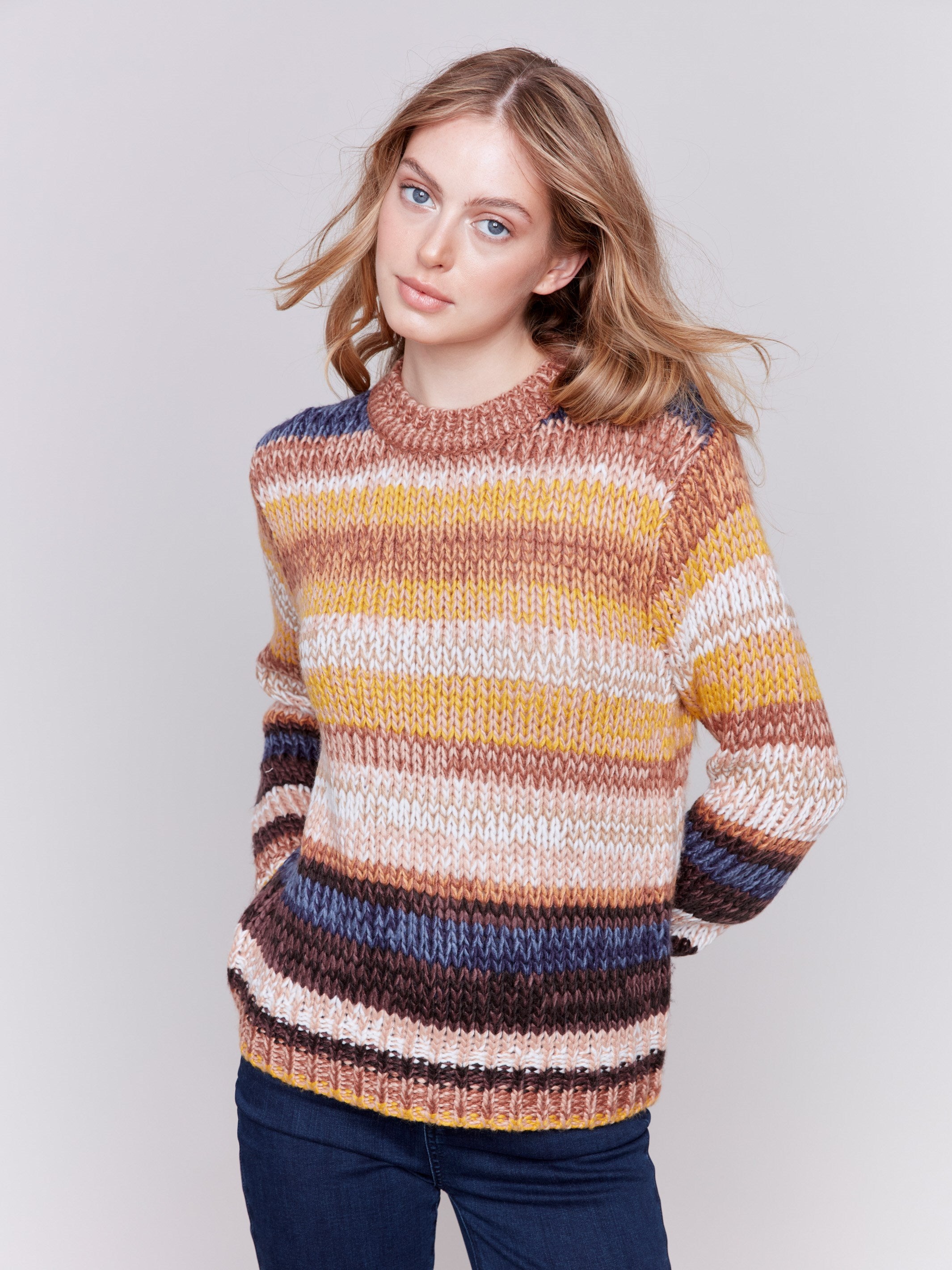 Amber-colored space dye yarn sweater with a relaxed fit and crew neck by Charlie B.