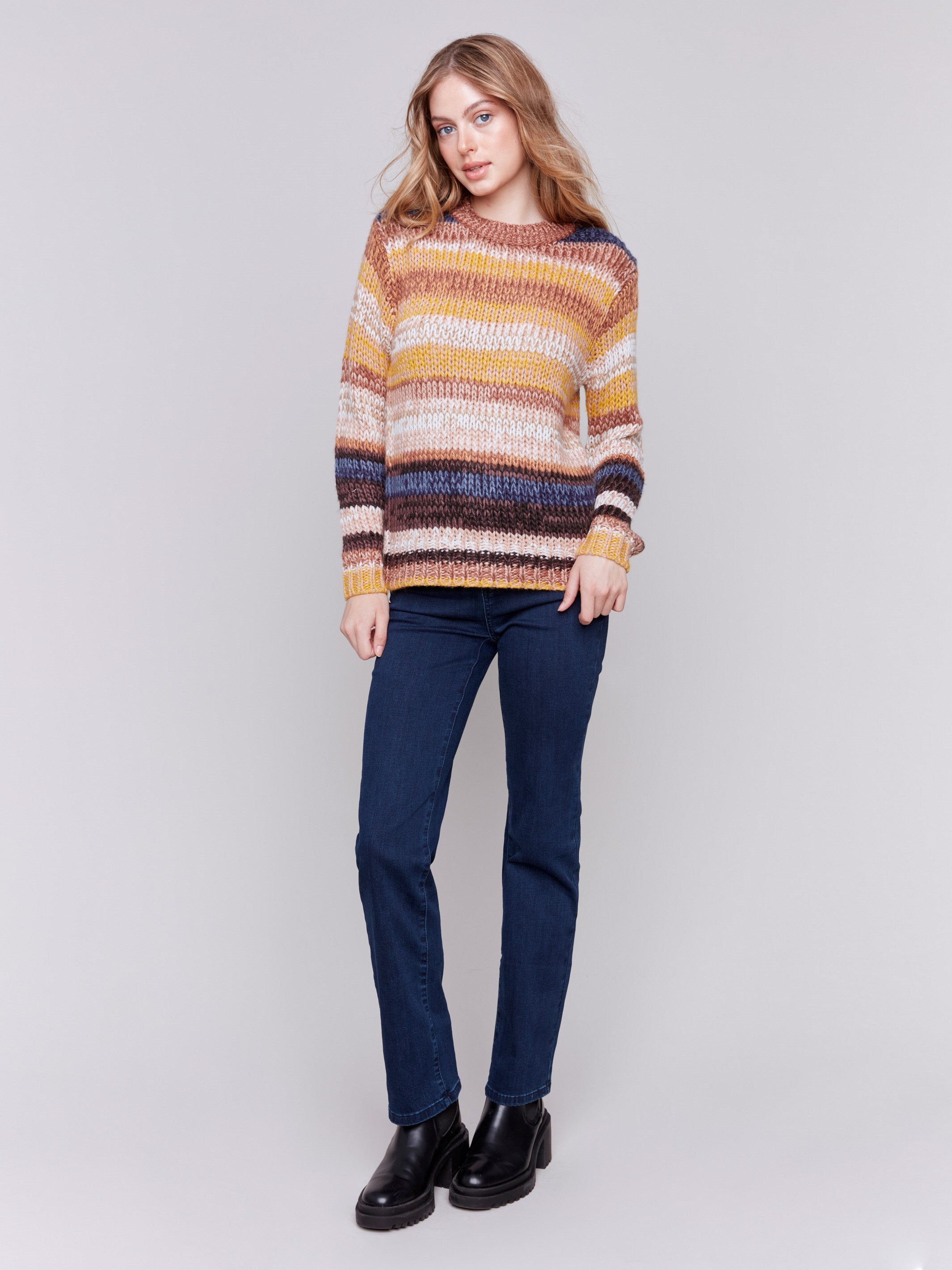 Amber-colored space dye yarn sweater with a relaxed fit and crew neck by Charlie B.