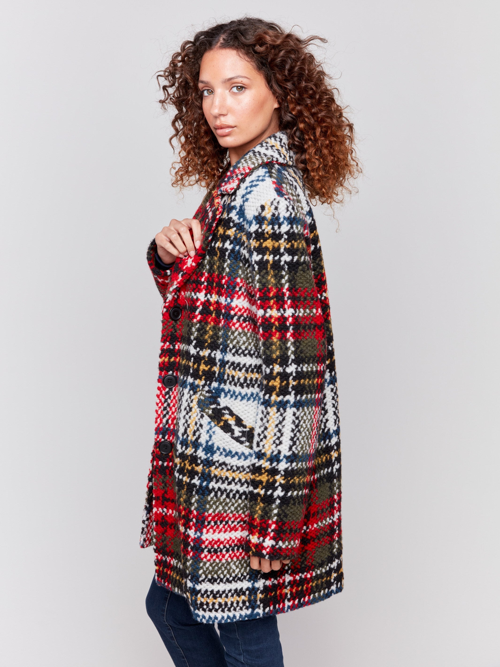 Cranberry red plaid bouclé knit coat with button front and patch pockets by Charlie B.