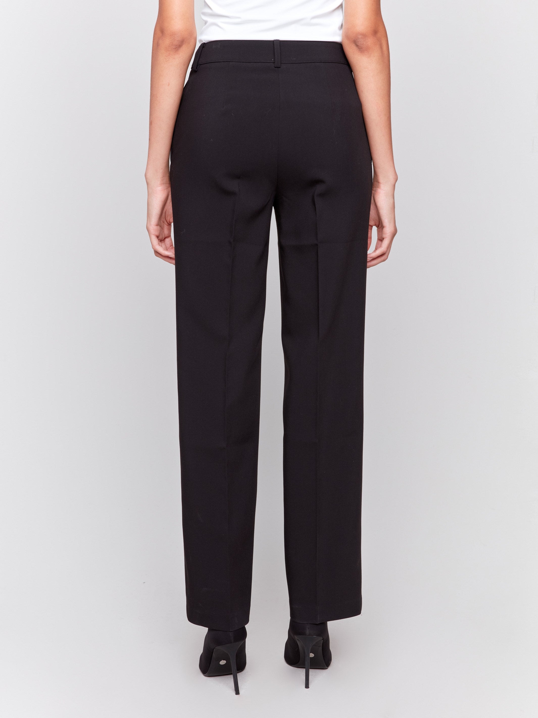 Black straight leg pants for women, featuring a high rise and straight leg fit, with front pockets by Charlie B.