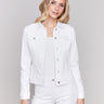 White stretch denim jacket with long sleeves and faux front pockets, featuring a button-up front by Charlie B.