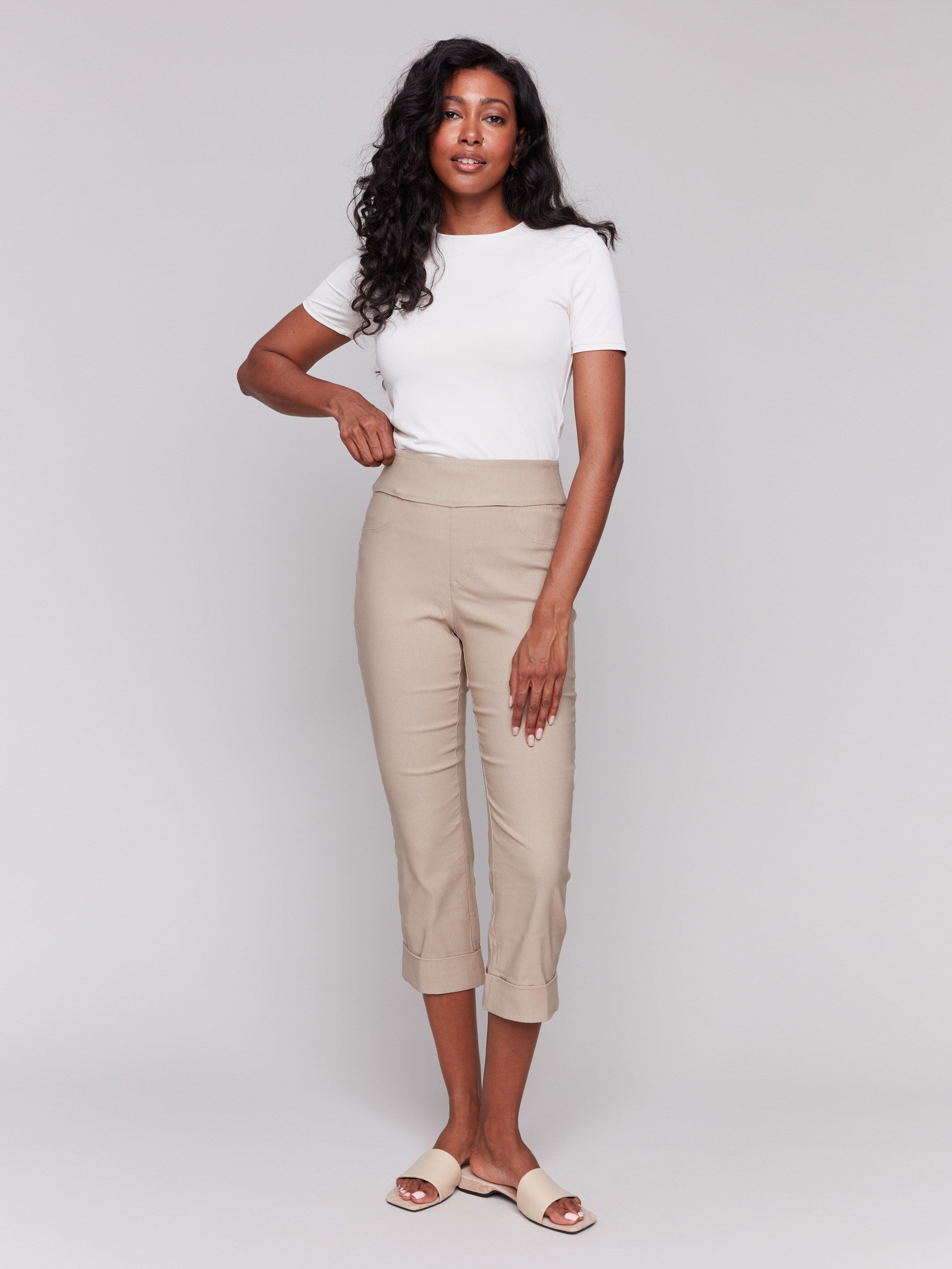 Greige capri pants in stretch fabric with chic folded cuffs by Charlie B.