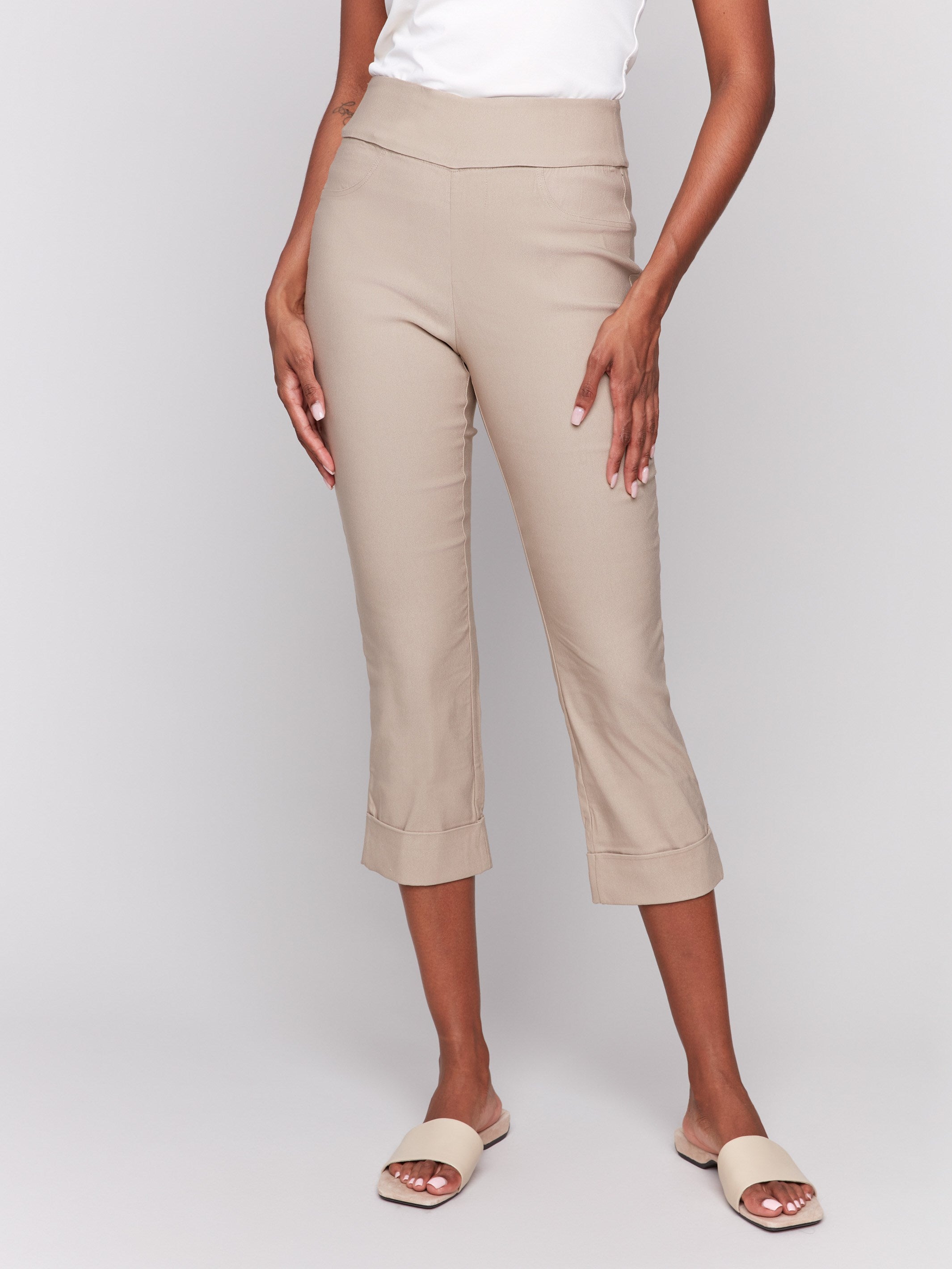 Greige slim-leg capri pants with a stylish cropped length by Charlie B.