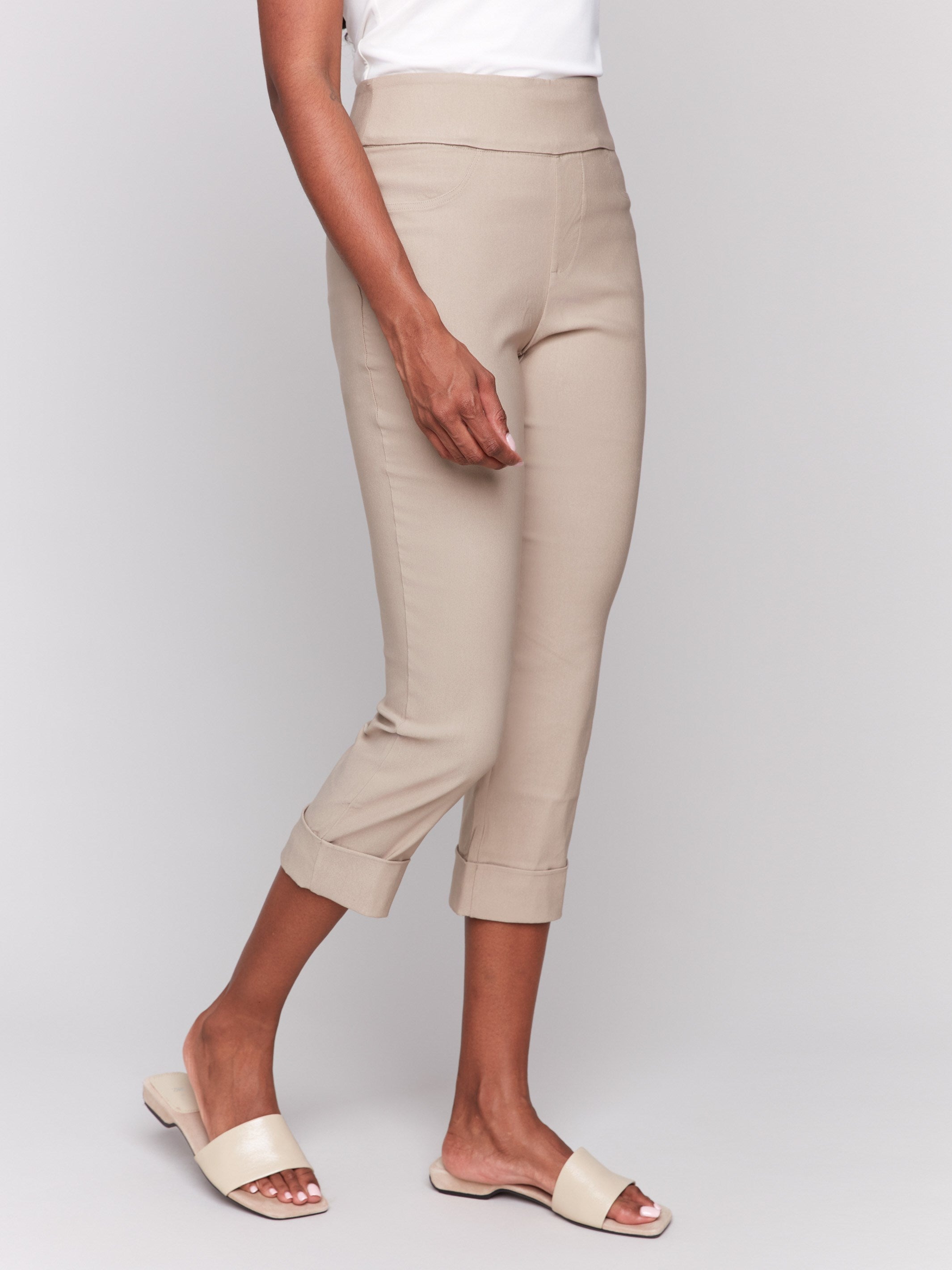 Comfortable waistband on greige slim-leg capri pants by Charlie B.