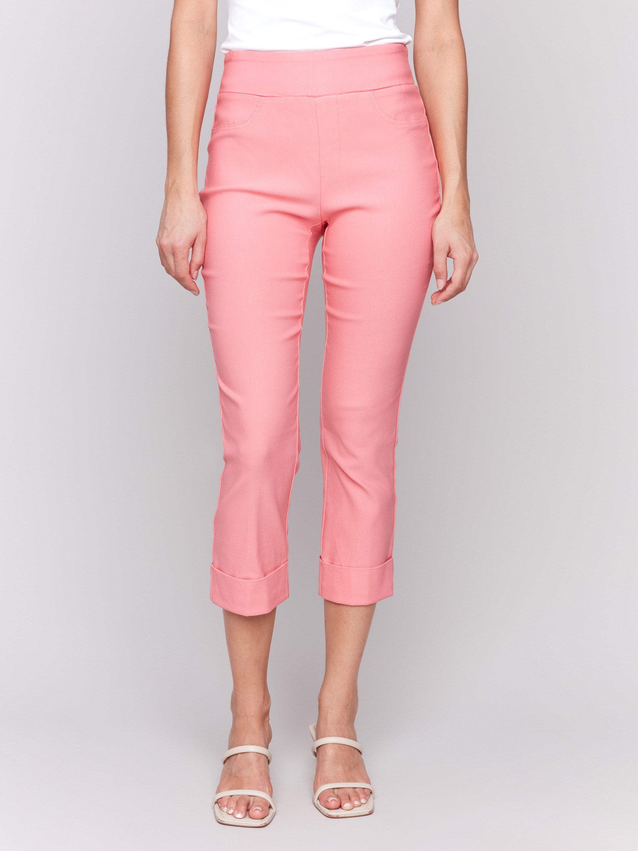 Pull-on capri pants in watermelon featuring stretch fabric by Charlie B.