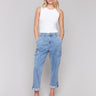 Chambray cargo pants by Charlie B with a relaxed fit and cropped length.