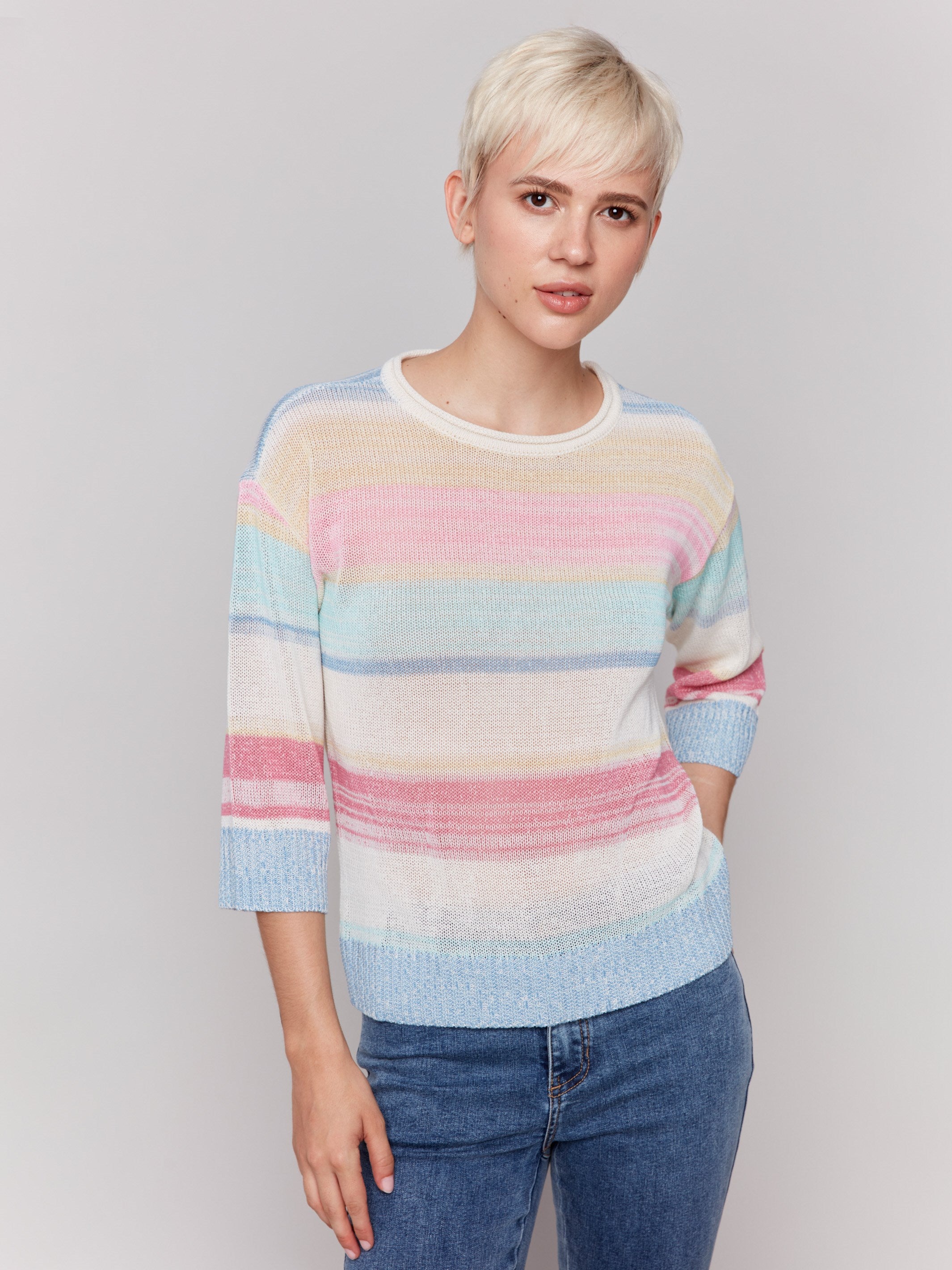 Sweater featuring pastel stripes and a crew neckline by Charlie B.