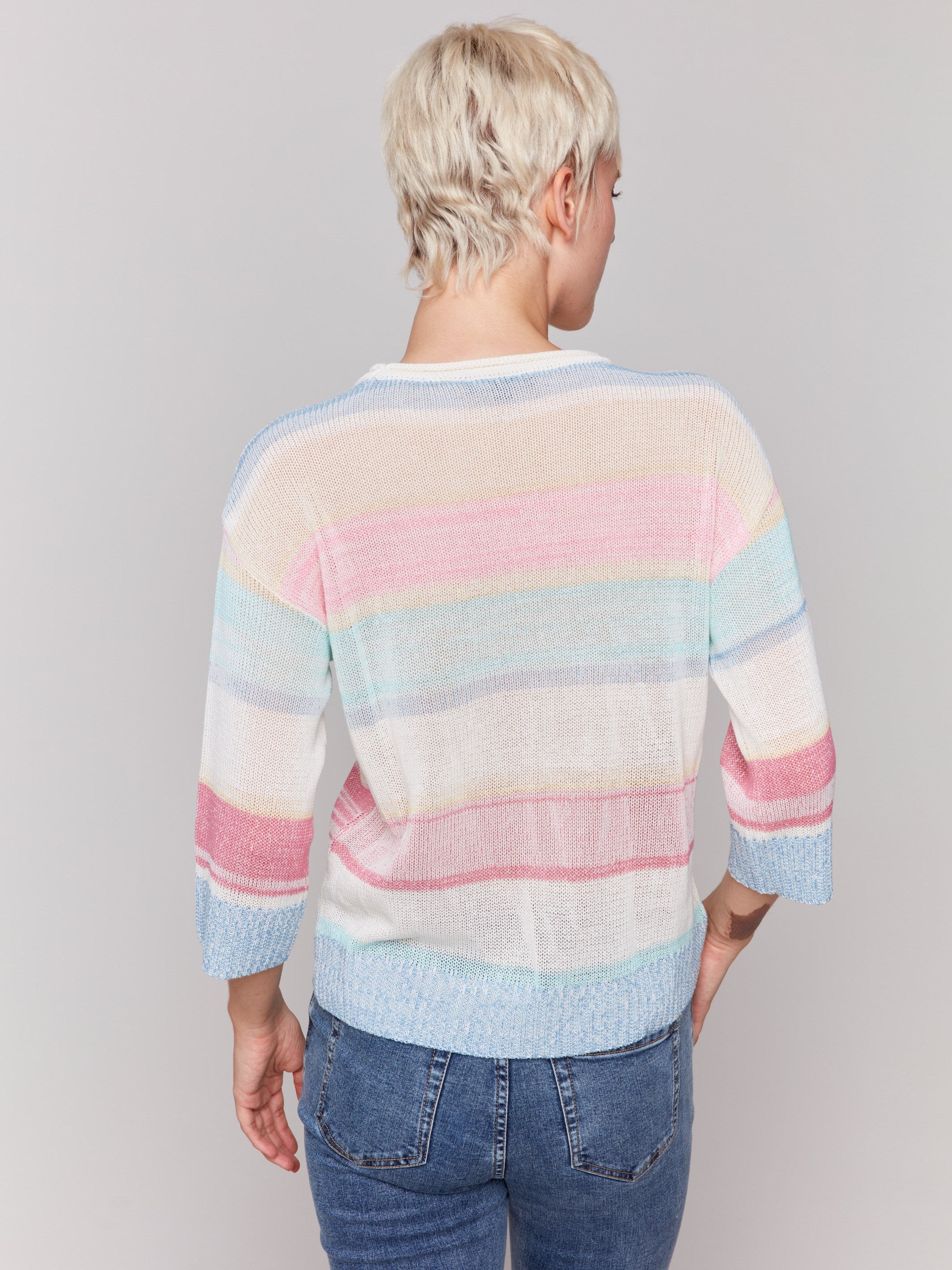 Chic 3/4 sleeve sweater with soft pastel stripes by Charlie B.