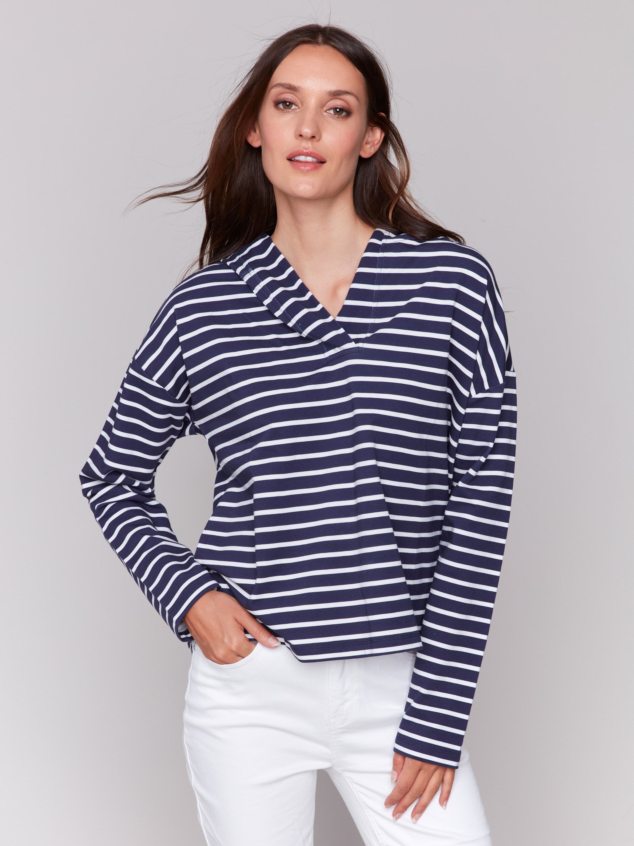 Striped navy and white hoodie with drop shoulder design by Charlie B.