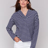 Striped navy and white hoodie with drop shoulder design by Charlie B.