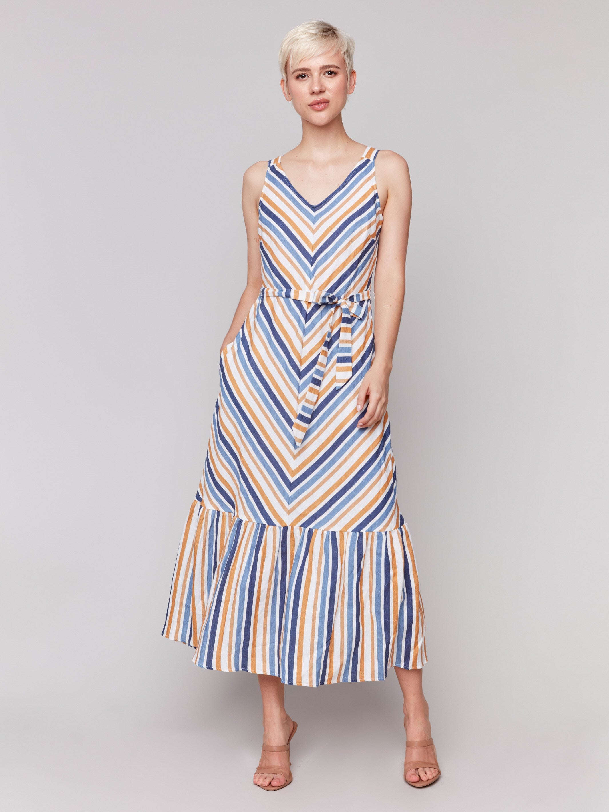 Colorful striped pattern linen blend maxi dress by Charlie B.