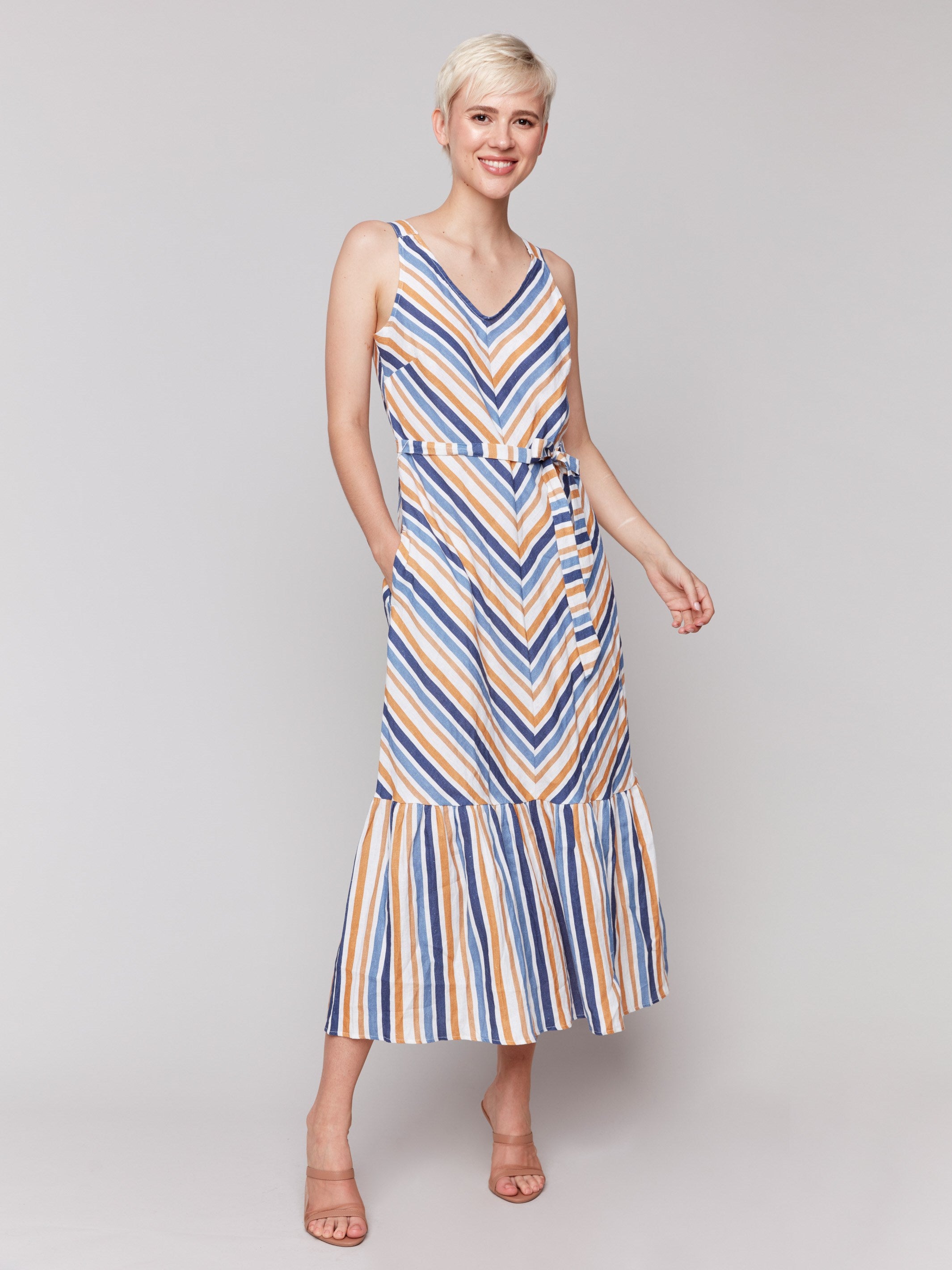 Ankle length striped linen blend dress with pockets by Charlie B.