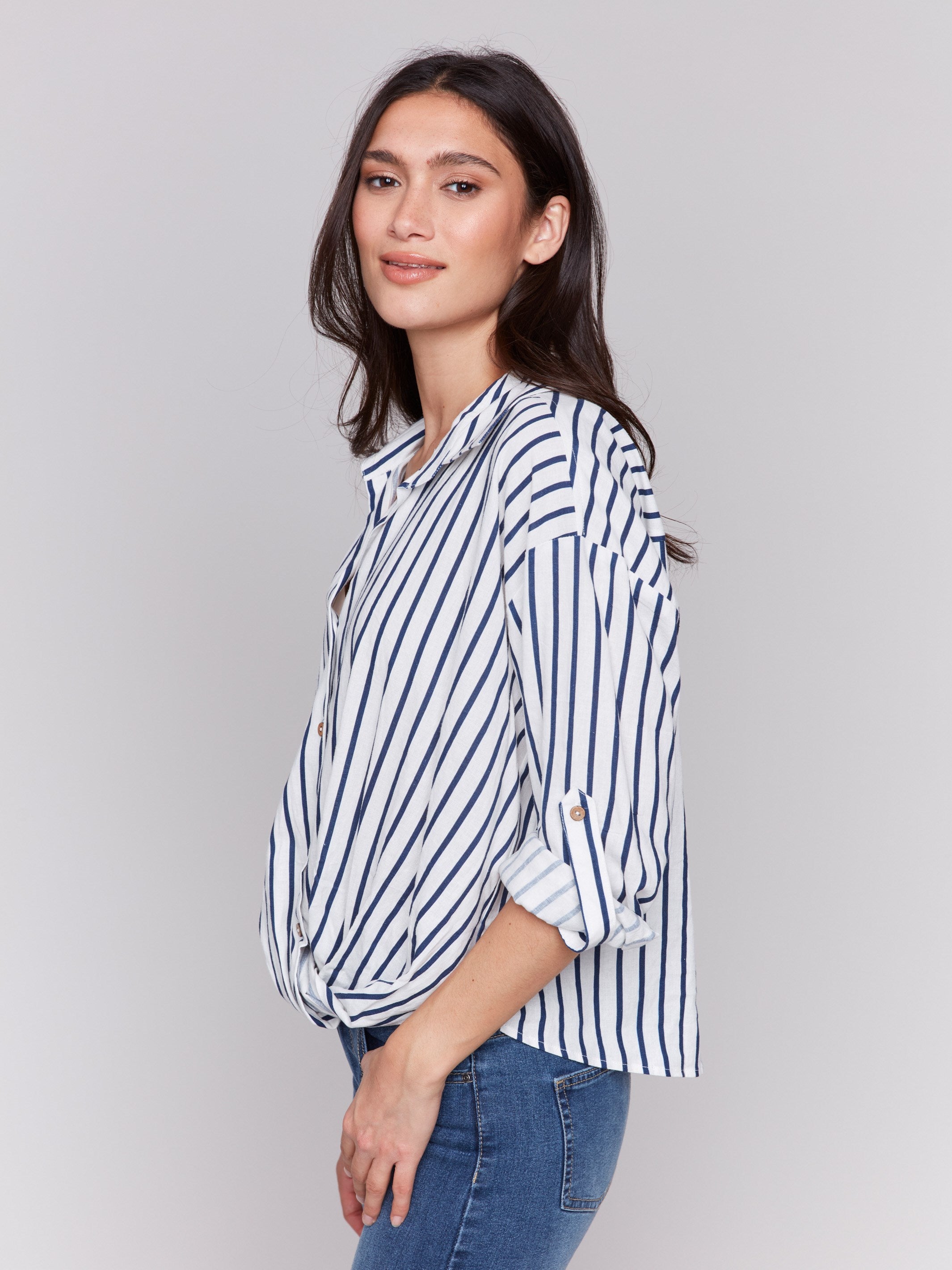 3/4 sleeves shirt with elegant front twist detail by Charlie B.