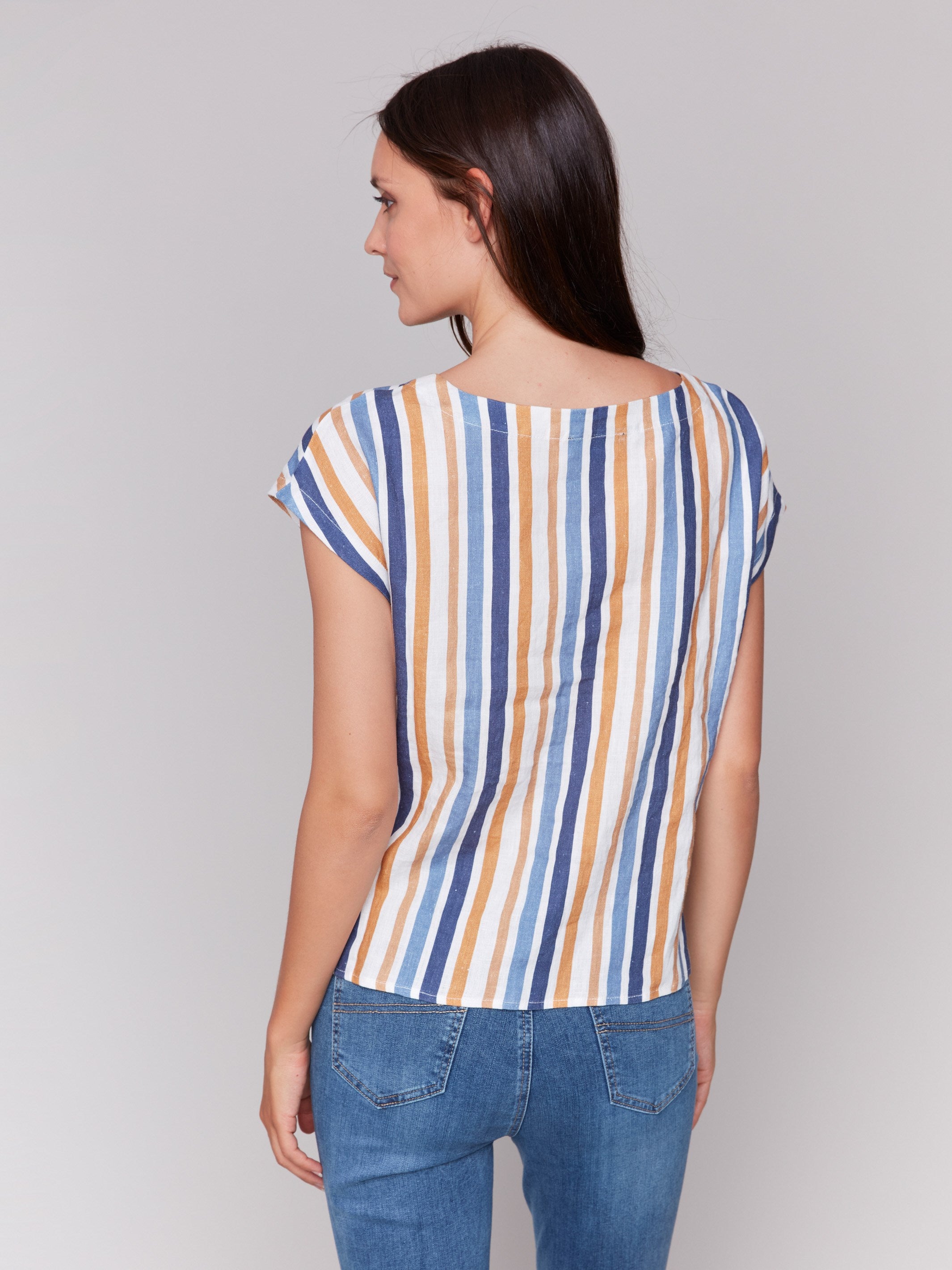 Cap-sleeved striped blouse in denim hue by Charlie B.