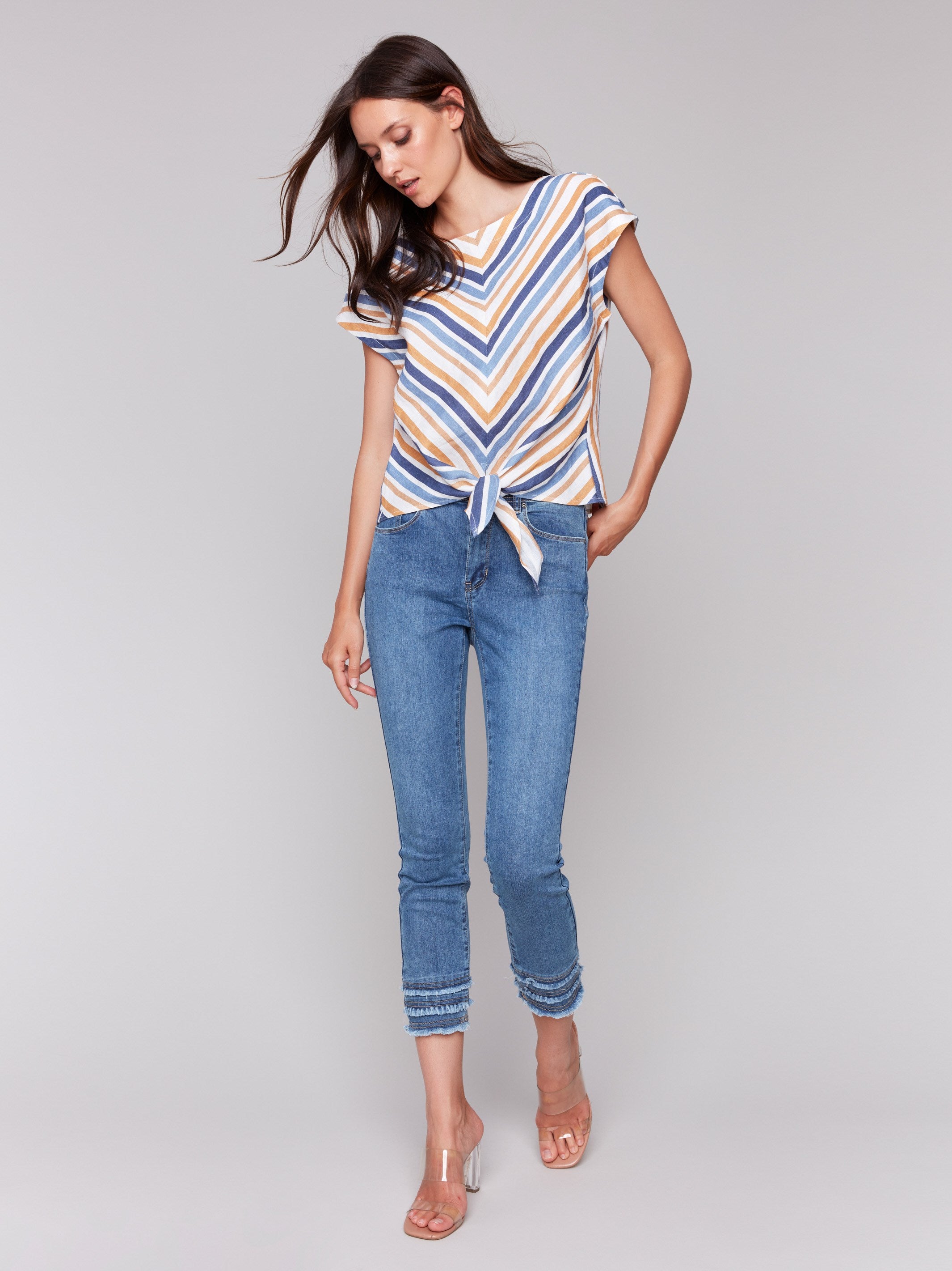 Elegant striped pattern on a linen blend top by Charlie B.