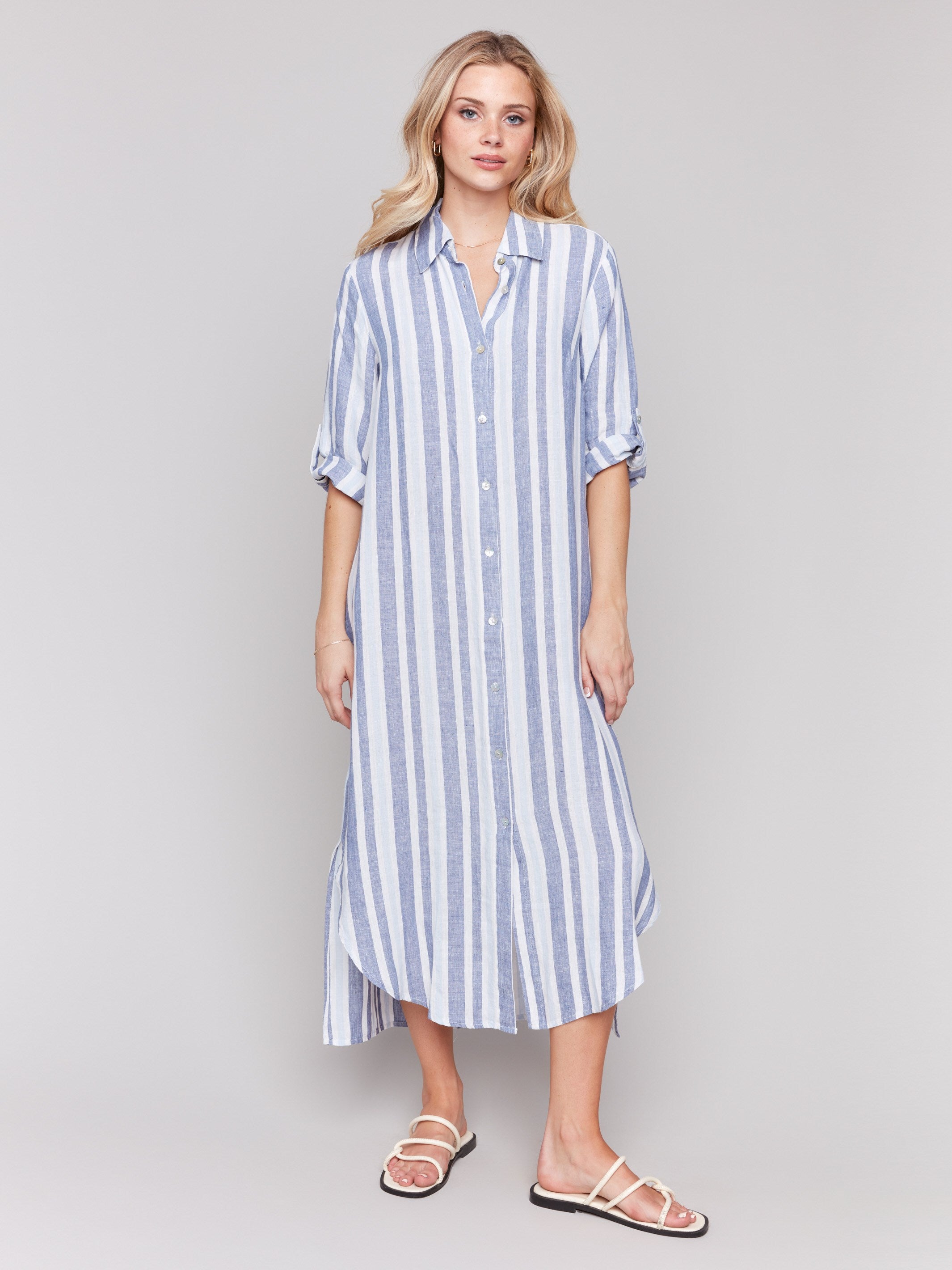 Linen-blend tunic dress with a maxi length and striped pattern by Charlie B.