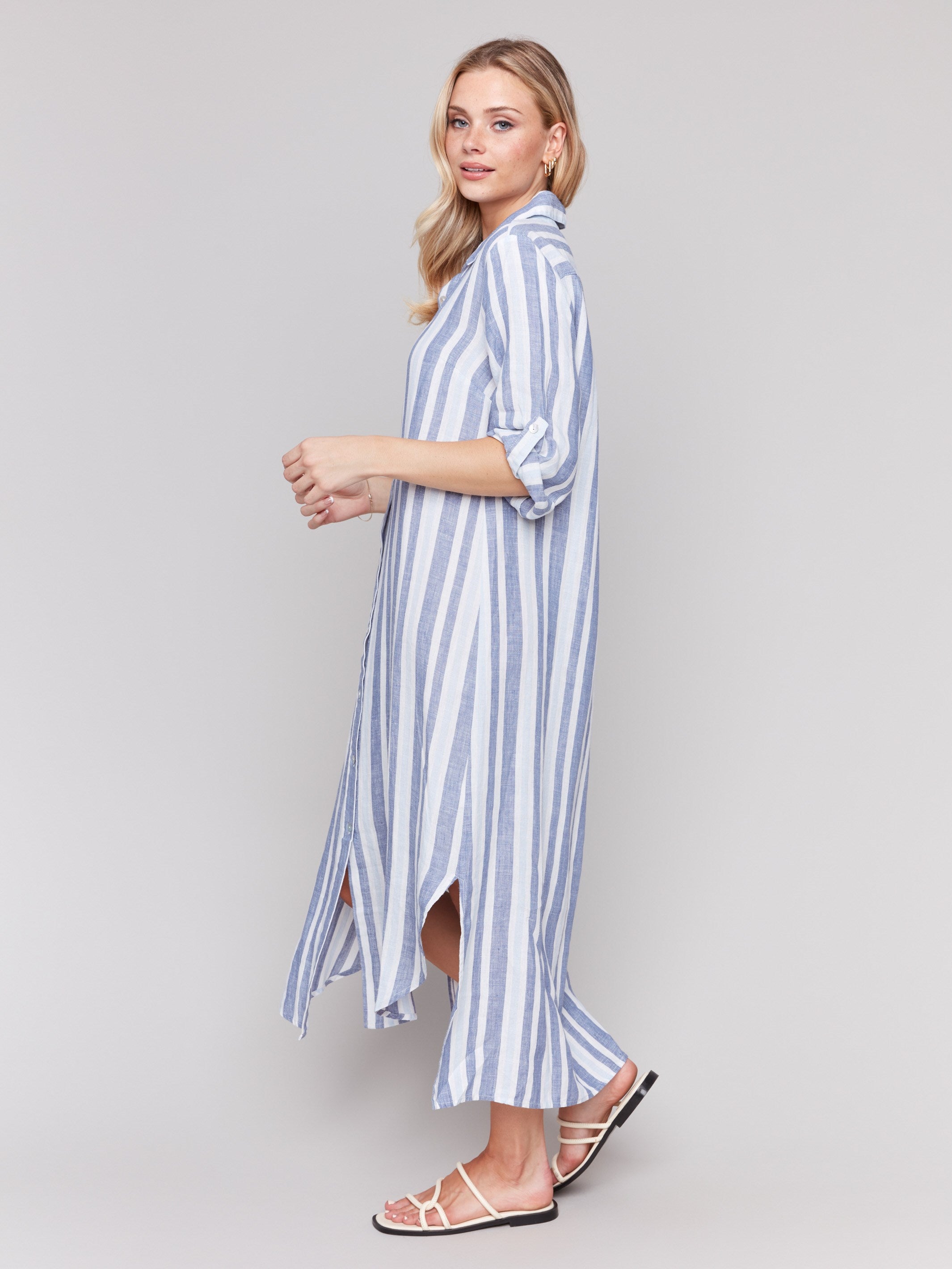 Stylish blue and white striped tunic with collar neckline by Charlie B.